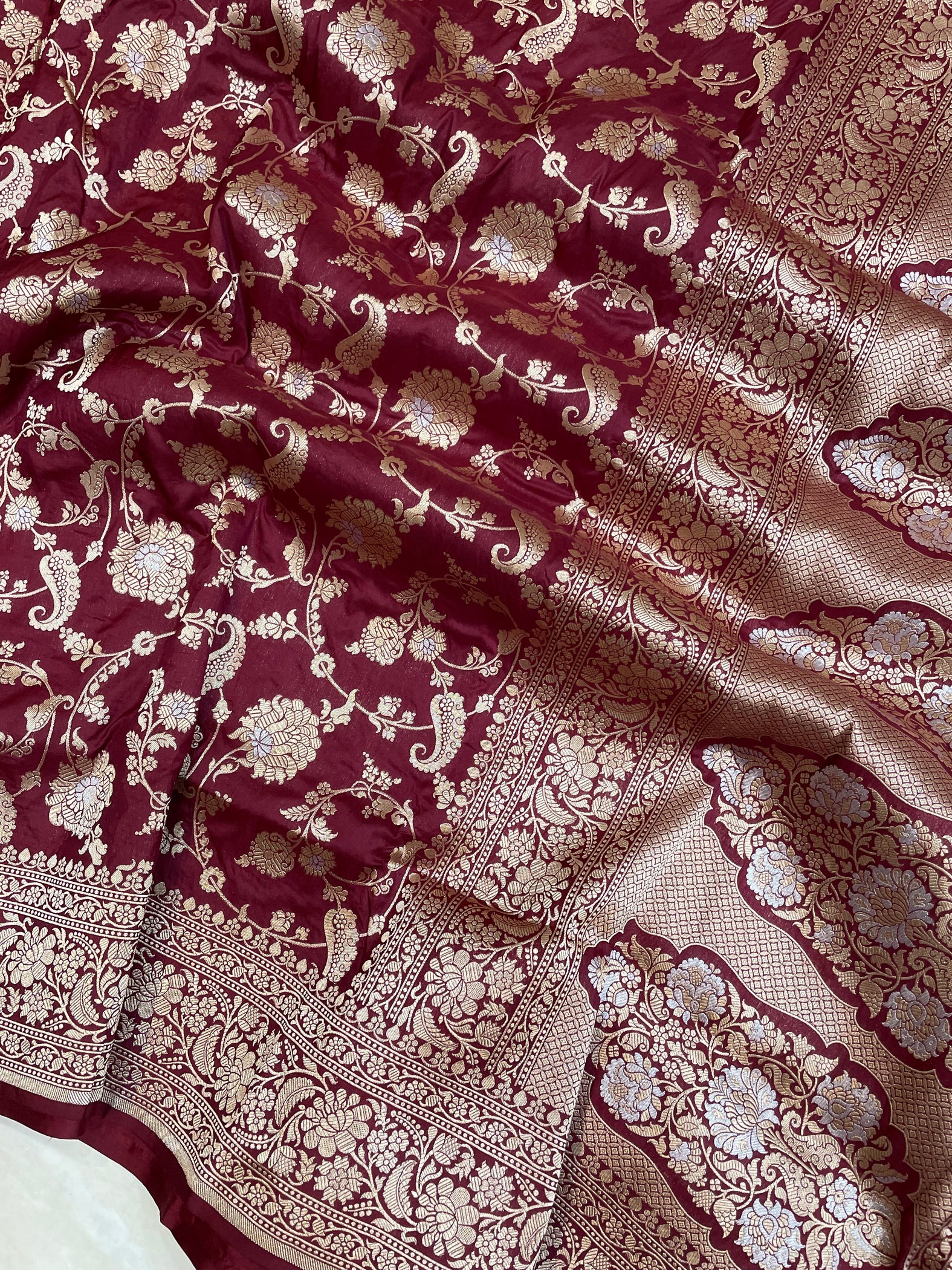 Pure Katan Silk Banarasi Handloom Saree - All over Sona Roopa kadiyal Jaal work main image 1