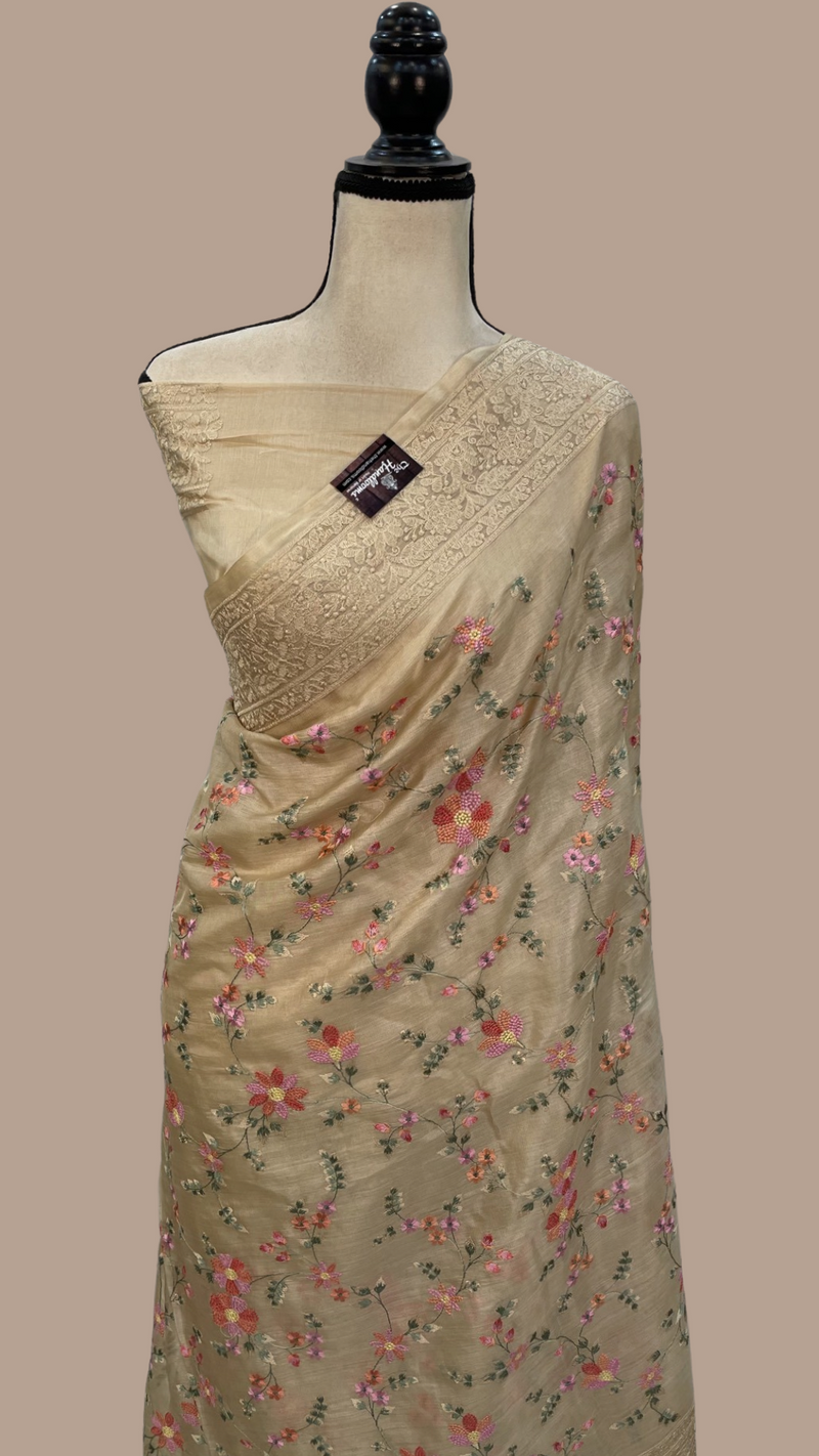 Tussar Silk Handloom Banarasi Saree With Chikankari - The Handlooms