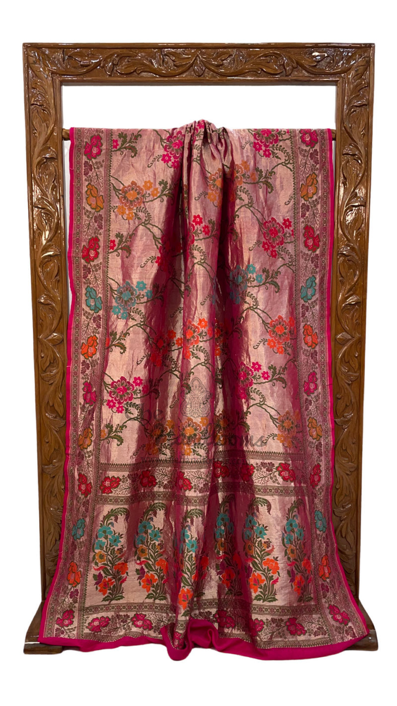 Hot Pink Pure Tussar Georgette Brocade Handloom Banarasi Saree - The Handlooms