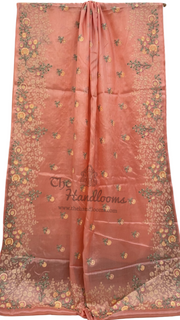 Peach Pure Tussar Silk Handloom Banarasi Saree With Chikankari - The Handlooms