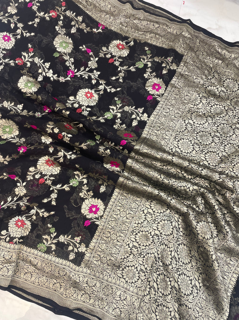 Black Khaddi Georgette Handloom Banarasi Saree - Tilfi - The Handlooms