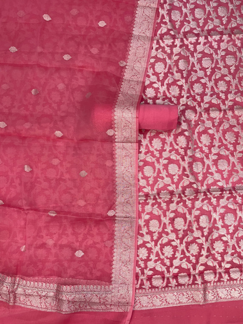 Pink Pure Khaddi Georgette Banarasi Dress material - The Handlooms