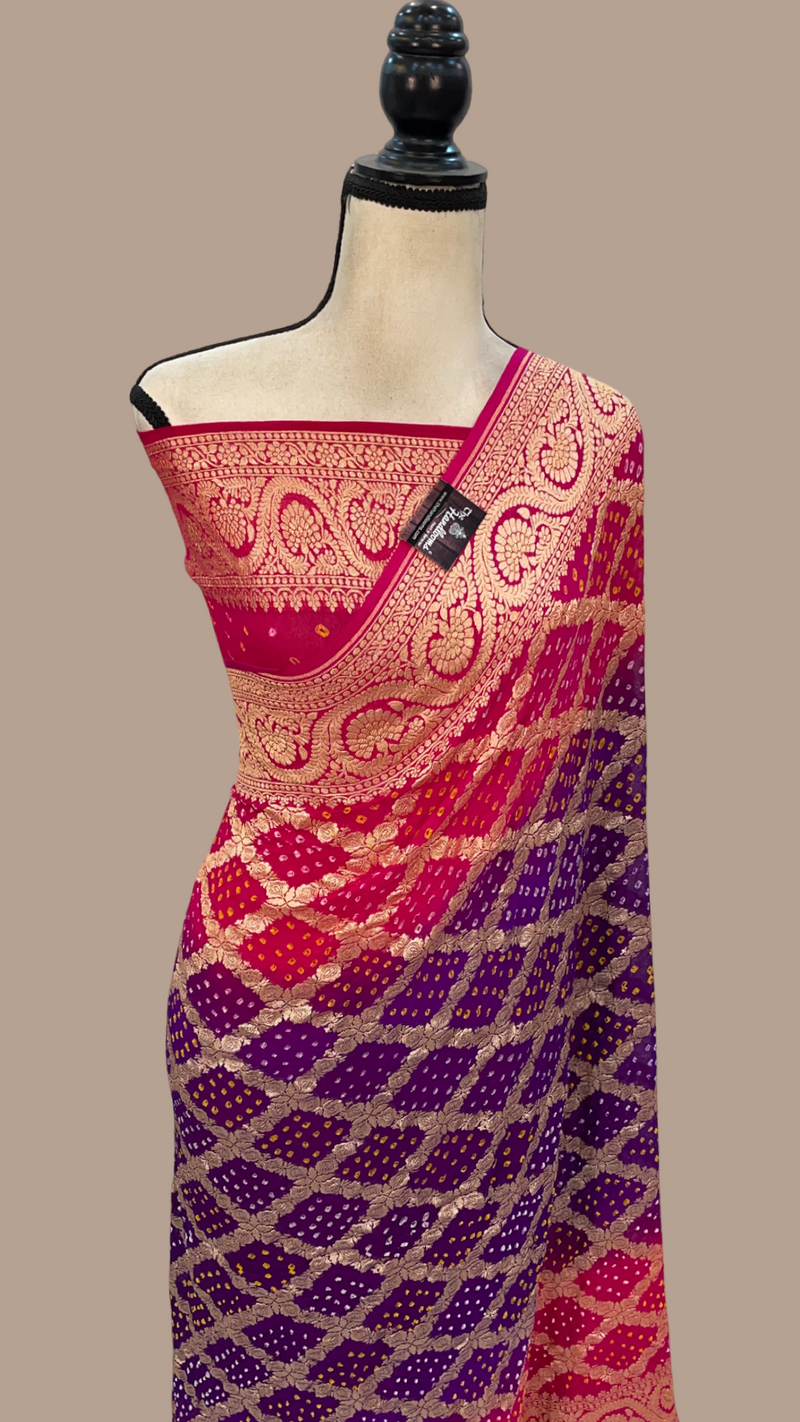 Dual Shade Pure Georgette Banarasi Bandhej Handloom Saree - The Handlooms