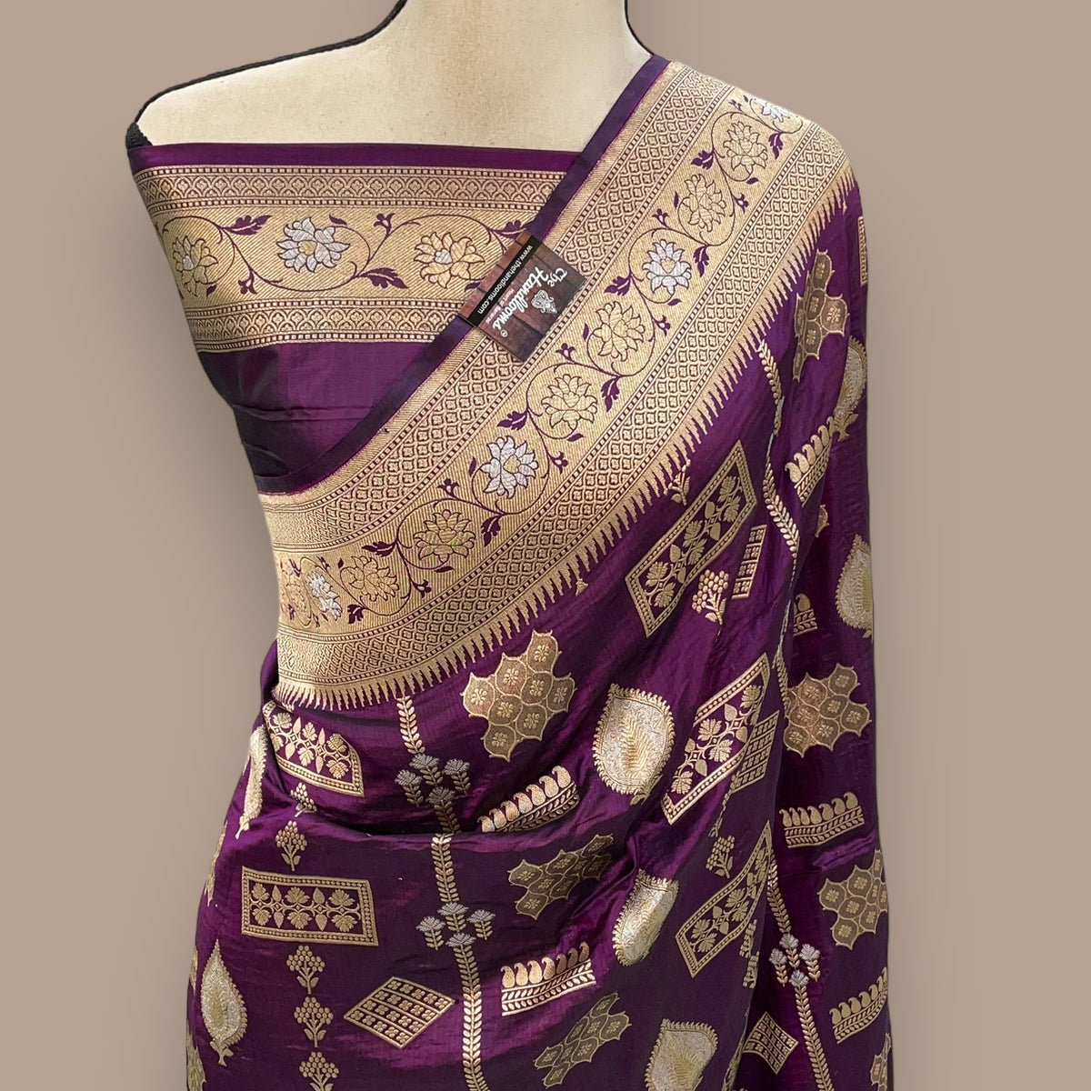 Dark Purple Pure Katan Silk Banarasi Handloom Saree - All over Sona Roopa Jaal work