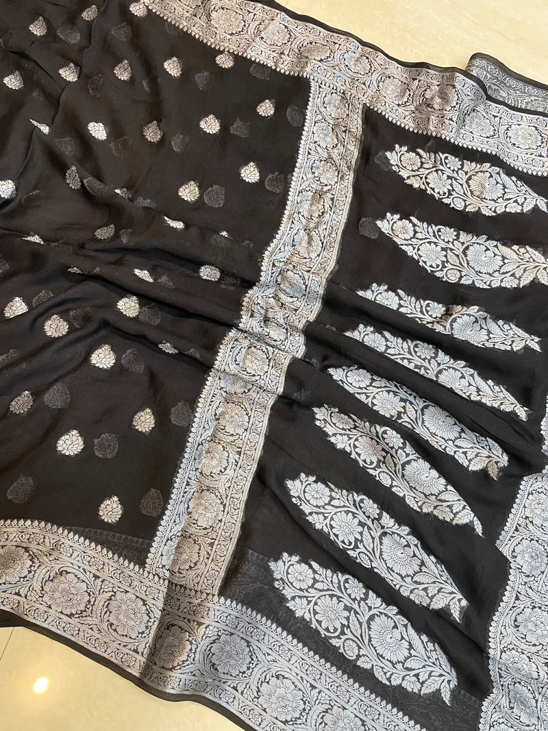 Black Pure Chiffon Khaddi Banarasi Saree - The Handlooms