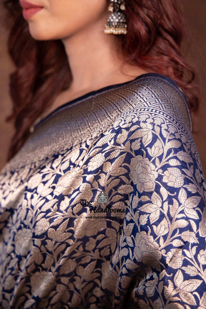 Navy Blue Pure Katan Silk Banarasi Handloom Saree - Tanchui Brocade - The Handlooms