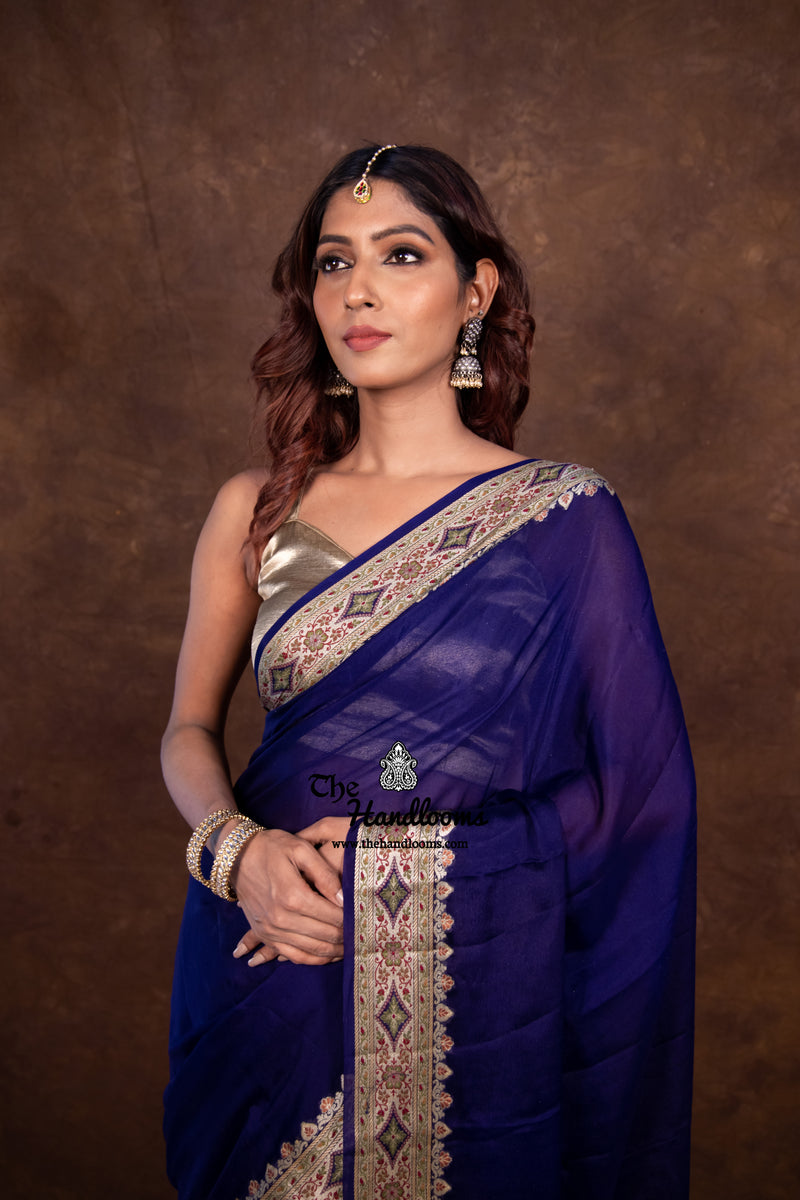 Blue Pure Chiffon Khaddi Banarasi Saree - The Handlooms
