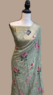 Pure Georgette Chikankari with Digital Print Handloom Banarasi Saree - The Handlooms