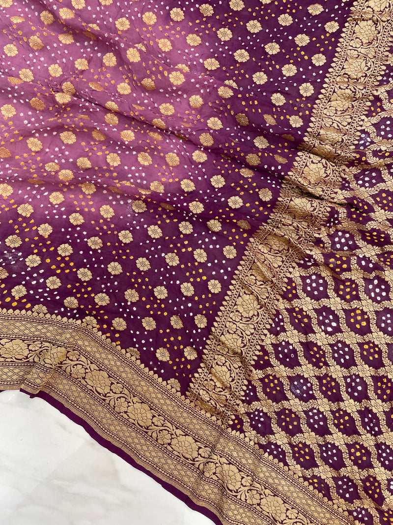 Dual Shade Pure Georgette Banarasi Bandhej Handloom Saree - The Handlooms