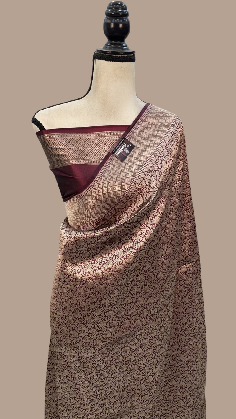 Brown Pure Katan Silk Banarasi Handloom Saree - Tanchui Brocade - The Handlooms