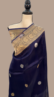 Navy Blue Pure Kora Handloom Banarasi Saree - Sona Roopa Alfi Kadua Boota - The Handlooms