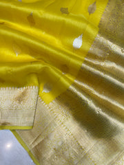 Yellow Pure Kora Handloom Banarasi Saree - Sona Roopa Alfi Kadua Boota - The Handlooms