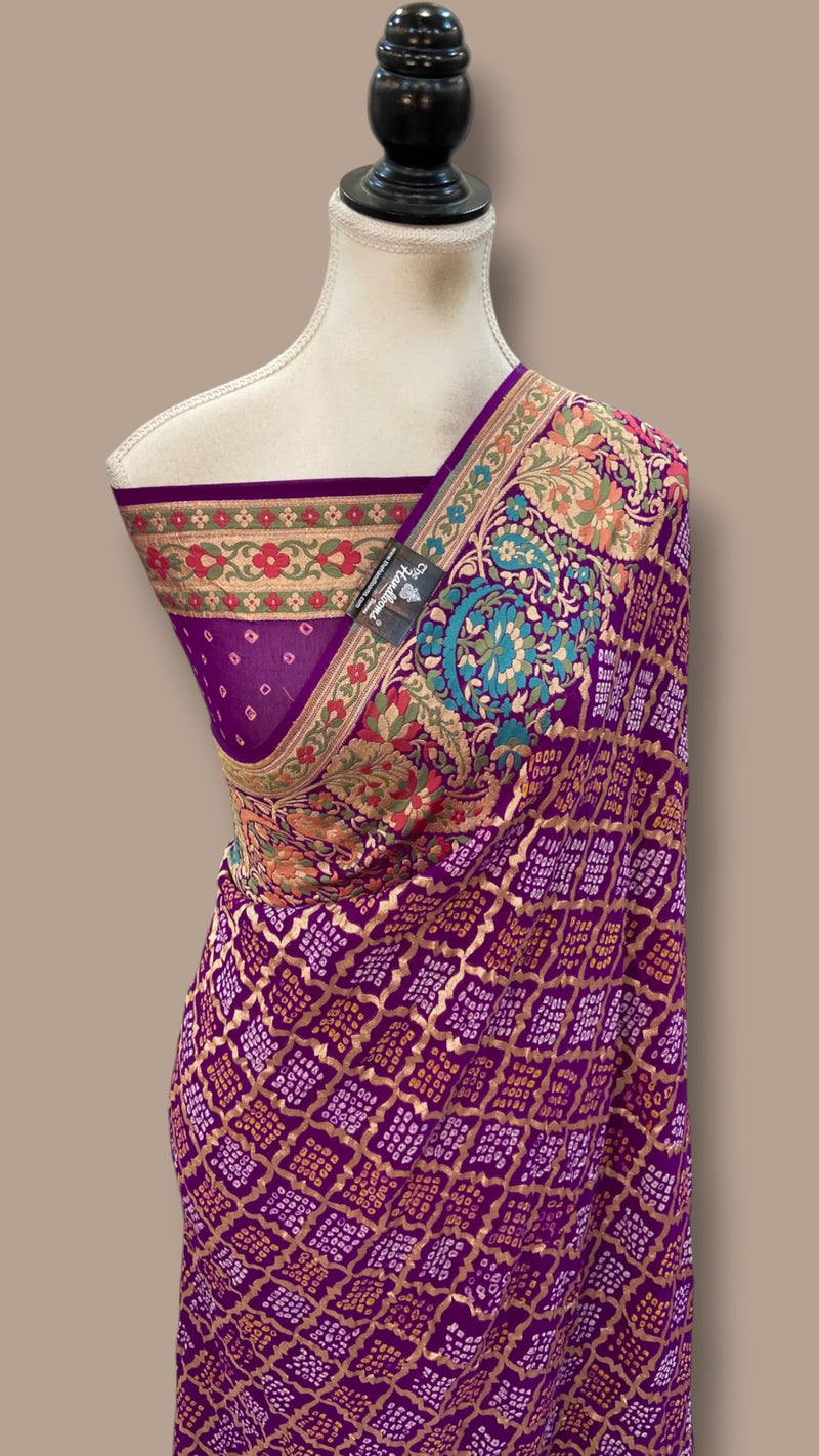 Pure Georgette Banarasi Bandhej Handloom Saree - Meenakari