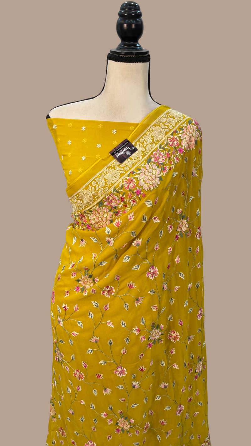 Pure Georgette Chikankari Handloom Banarasi Saree - The Handlooms