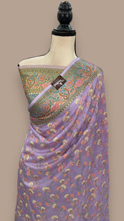 Lavender Pure Tussar Silk Handloom Banarasi Saree With Chikankari - The Handlooms