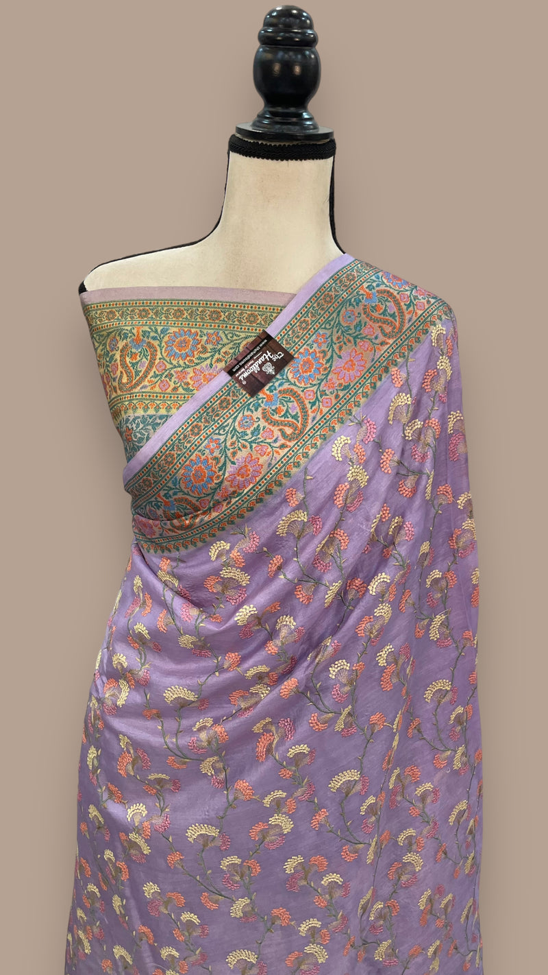 Lavender Pure Tussar Silk Handloom Banarasi Saree With Chikankari - The Handlooms