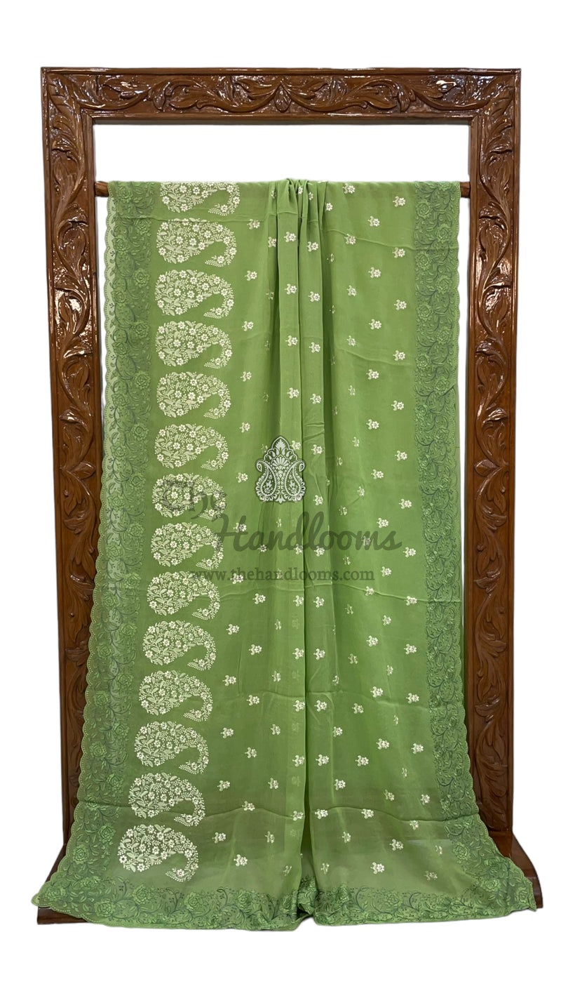 Green Pure Georgette Chikankari Handloom Banarasi Saree - The Handlooms