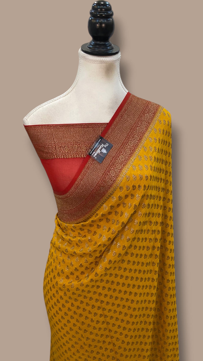 Mustard Yellow Pure Khaddi Georgette Handloom Banarasi Saree