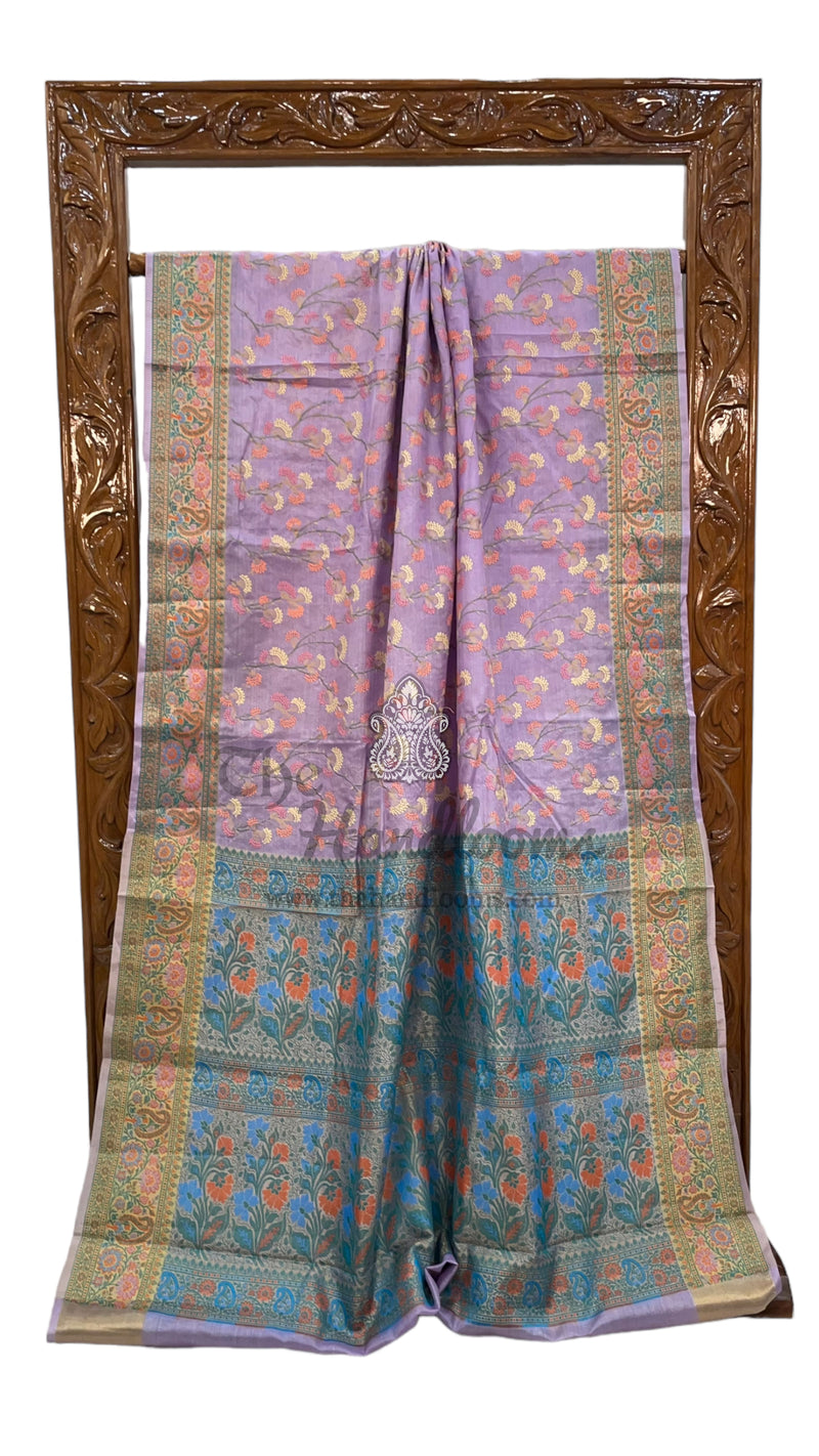 Lavender Pure Tussar Silk Handloom Banarasi Saree With Chikankari - The Handlooms