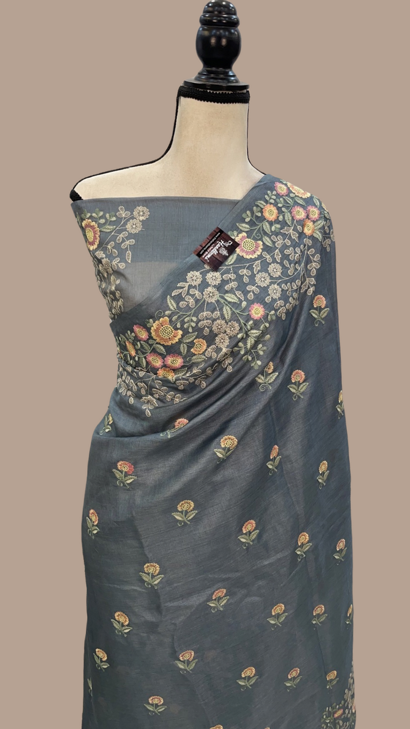 Tussar Silk Handloom Banarasi Saree With Chikankari - The Handlooms
