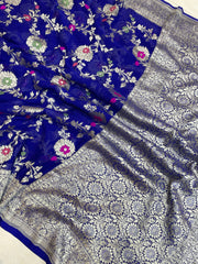 Navy Blue Khaddi Georgette Handloom Banarasi Saree - All over Jaal Work with meenakari - The Handlooms