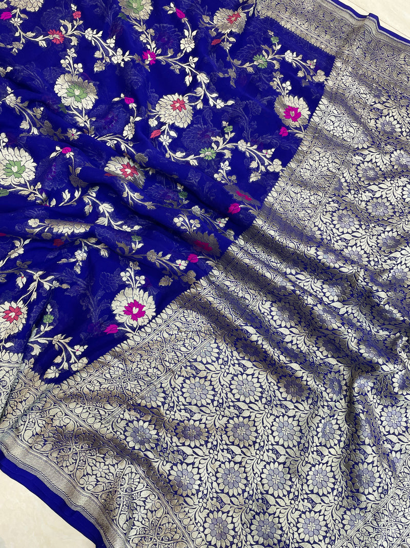 Navy Blue Khaddi Georgette Handloom Banarasi Saree - All over Jaal Work with meenakari - The Handlooms