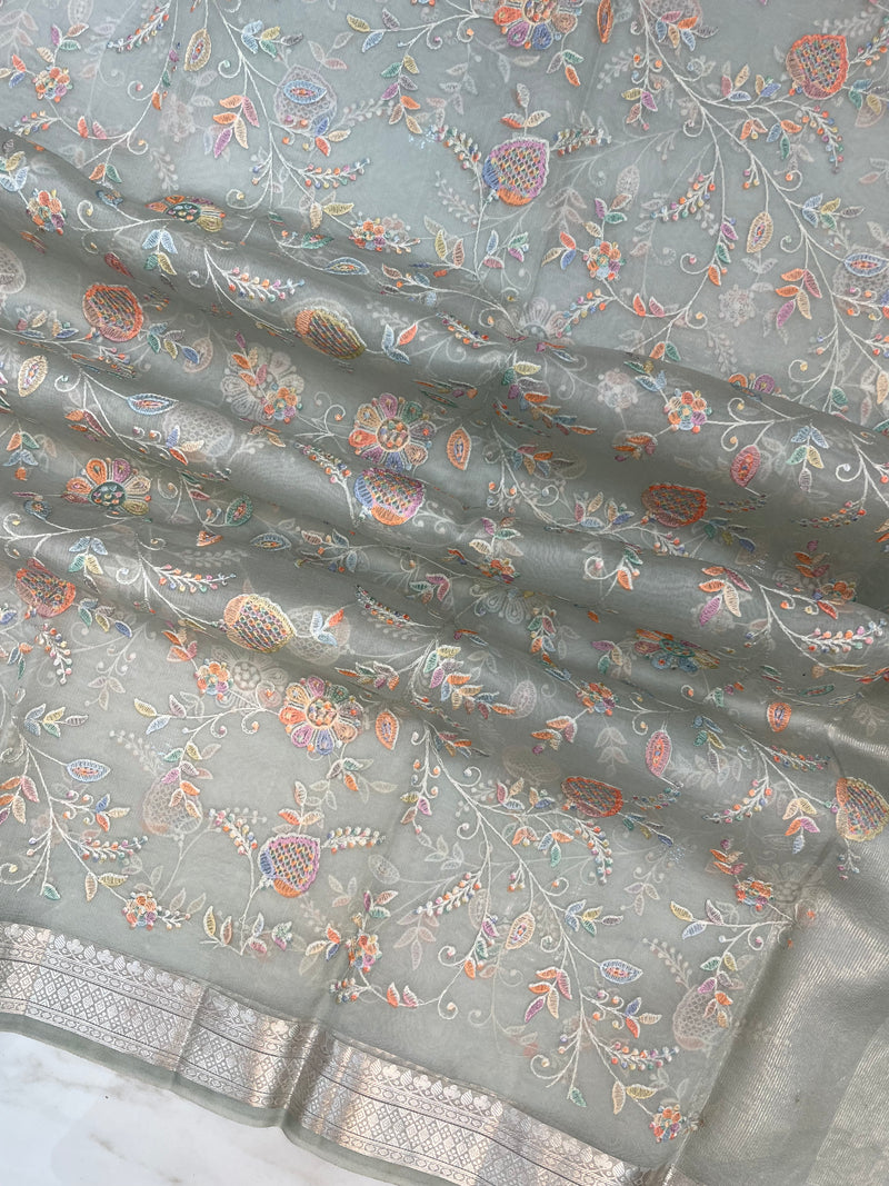 Pure Organza Handloom Banarasi dupatta With Chikankari And Digital Print - The Handlooms