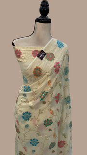 Off-white Pure Khaddi Georgette Handloom Banarasi Saree - All over Jaal Work With Meenakari - The Handlooms