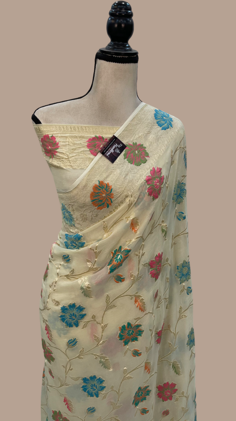 Off-white Pure Khaddi Georgette Handloom Banarasi Saree - All over Jaal Work With Meenakari - The Handlooms