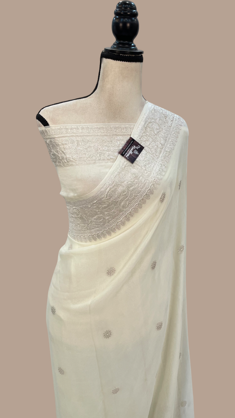 Pure Georgette Banarasi Handloom Saree -  Off White - The Handlooms