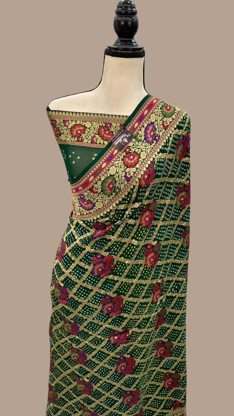 Pure Georgette Banarasi Bandhej Handloom Saree - with meenakari work - The Handlooms