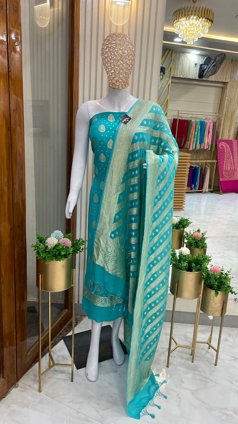 Turquoise Pure Khaddi Georgette Handlooms Banarasi Dress material - The Handlooms