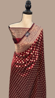 Maroon Pure Katan Silk Banarasi Handloom Saree - All over jaal work - The Handlooms