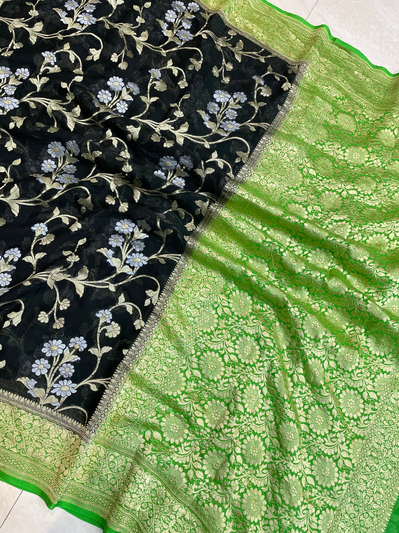 Khaddi Georgette Handloom Banarasi Saree - All over Jaal Work with sona roopa - The Handlooms