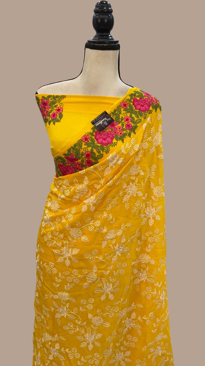 Pure Georgette Chikankari Handloom Banarasi Saree - The Handlooms