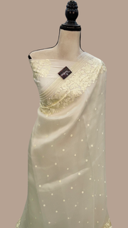 Off-white Pure Organza Chikankari Handloom Banarasi Saree - The Handlooms