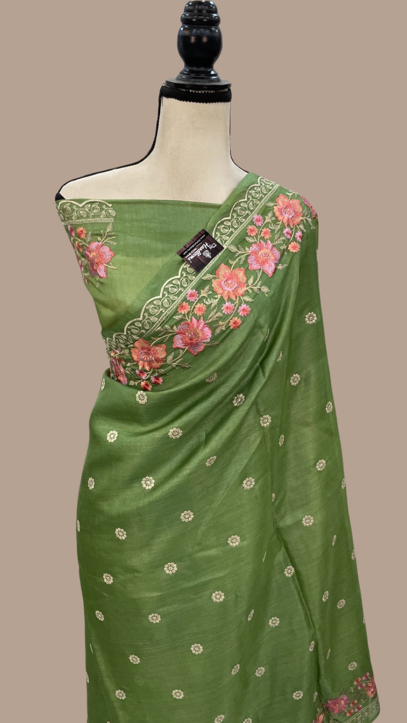 Tussar Silk Handloom Banarasi Saree With Chikankari - The Handlooms