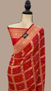 Red Pure Georgette Banarasi Bandhej Handloom Saree - The Handlooms