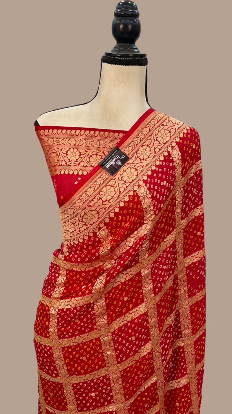 Red Pure Georgette Banarasi Bandhej Handloom Saree - The Handlooms