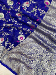 Navy Blue Khaddi Georgette Handloom Banarasi Saree - All over Jaal Work with meenakari - The Handlooms