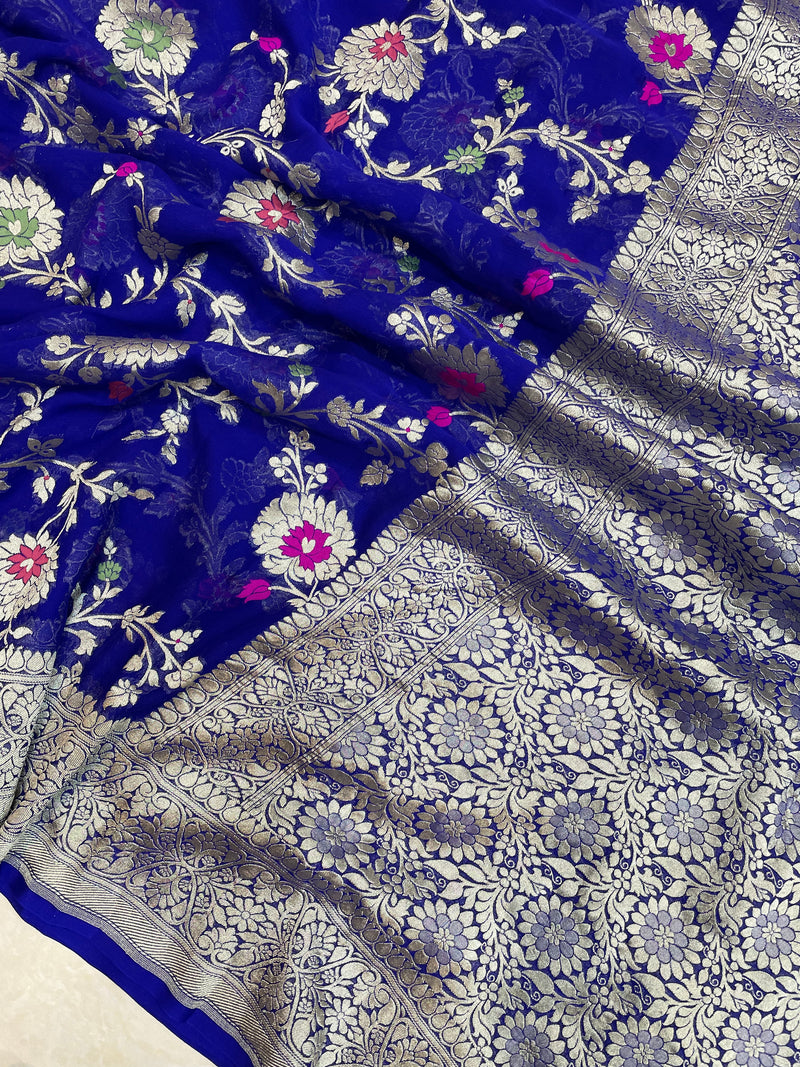 Navy Blue Khaddi Georgette Handloom Banarasi Saree - All over Jaal Work with meenakari - The Handlooms