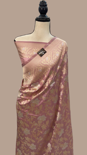 Onion Pink Pure Katan Silk Banarasi Handloom Saree - All Over Sona Roopa Jaal Work - The Handlooms