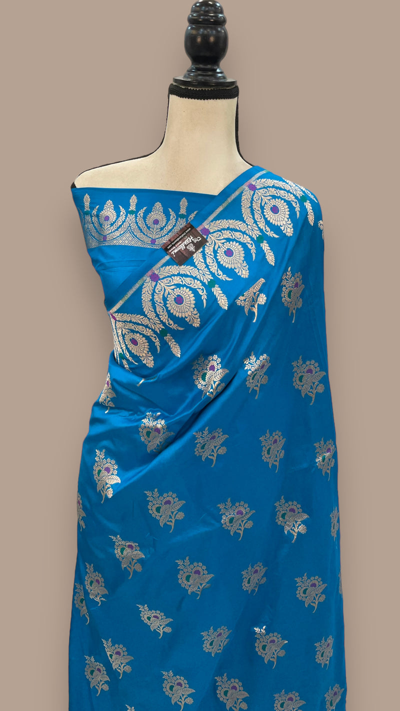 Turquoise Blue Pure Katan Silk Banarasi Handloom Saree - All over Jaal work - With Meenakari - The Handlooms