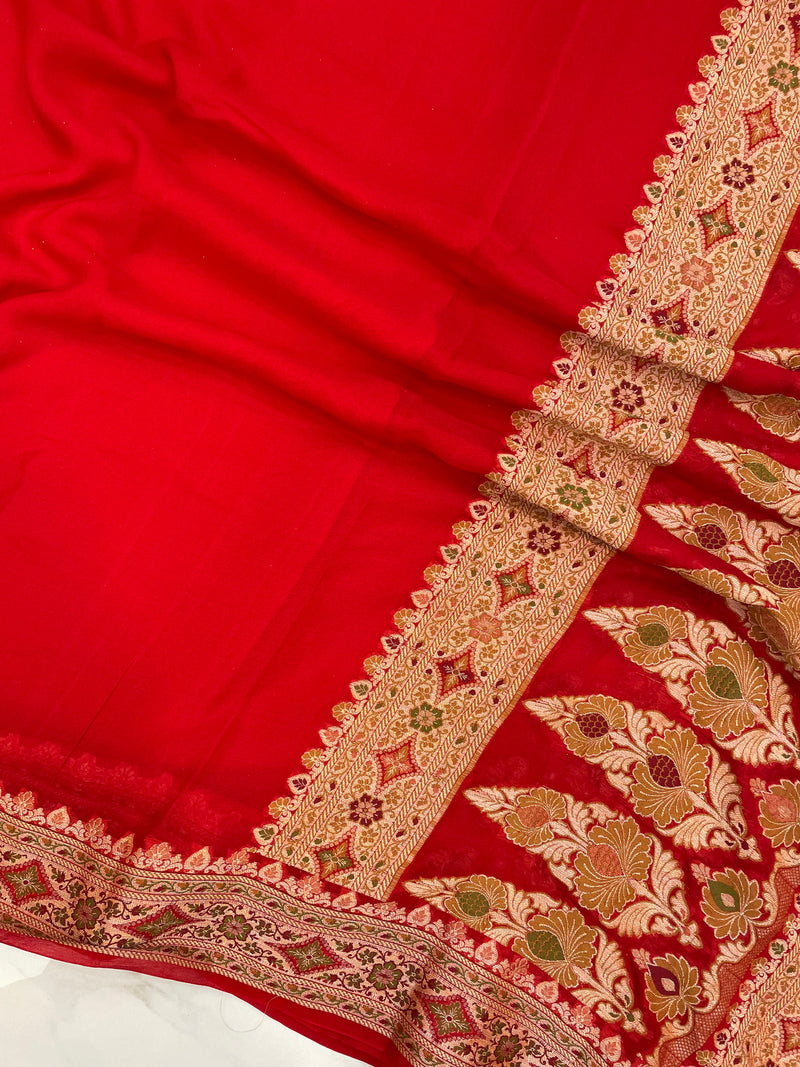 Red Pure Chiffon Khaddi Banarasi Saree - The Handlooms