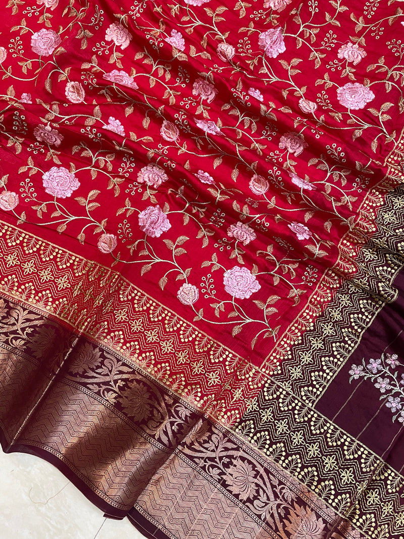 Pure Chiniya Silk Handloom Banarasi Saree With Chikankari - The Handlooms