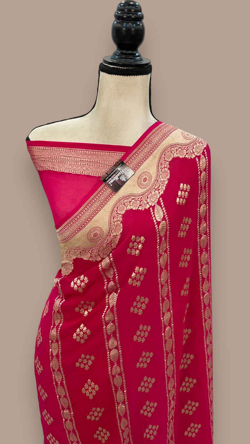 Hot Pink Pure Khaddi Georgette Handloom Banarasi Saree - The Handlooms