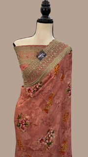 Pure Georgette Digital Print with Chikankari Handloom Banarasi Saree - The Handlooms