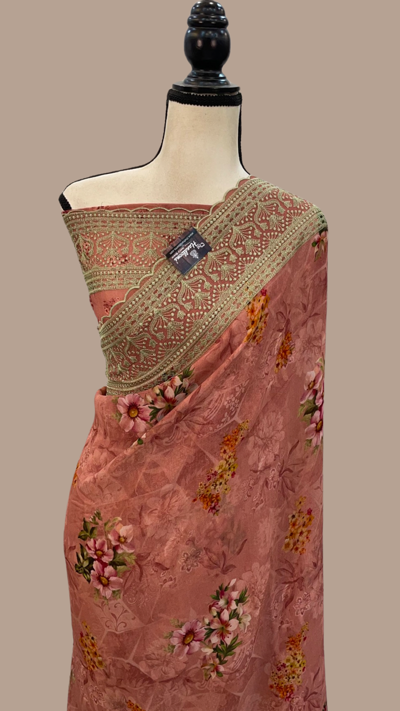 Pure Georgette Digital Print with Chikankari Handloom Banarasi Saree - The Handlooms