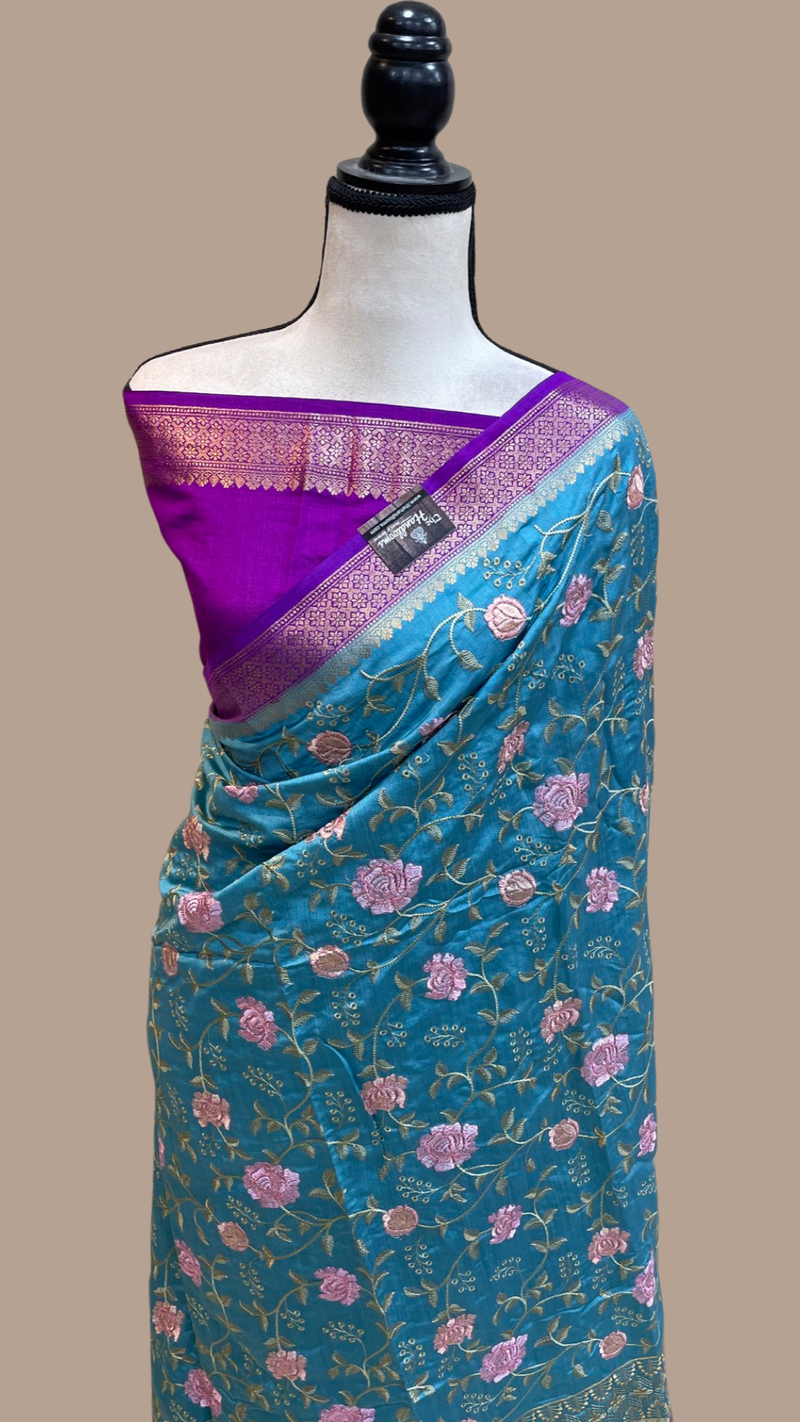 Pure Chiniya Silk Handloom Banarasi Saree With Chikankari - The Handlooms