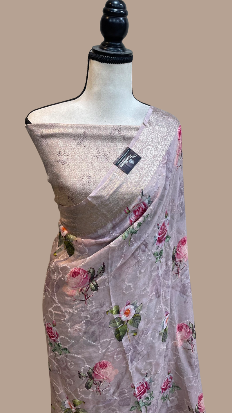 Pure Georgette  Digital Print with Chikankari Handloom Banarasi Saree - The Handlooms